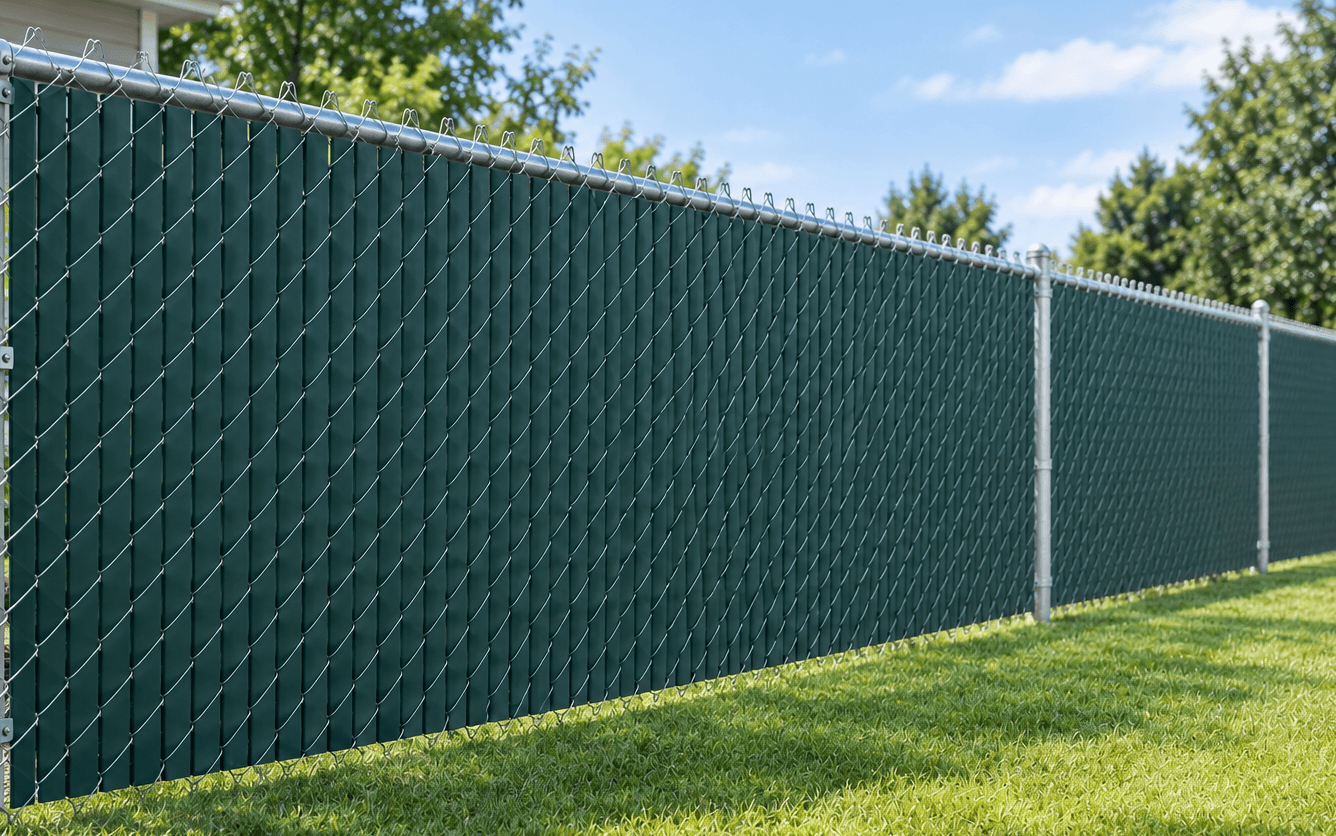 Sunlit Green Privacy Fence in Backyard (1) green fence slats